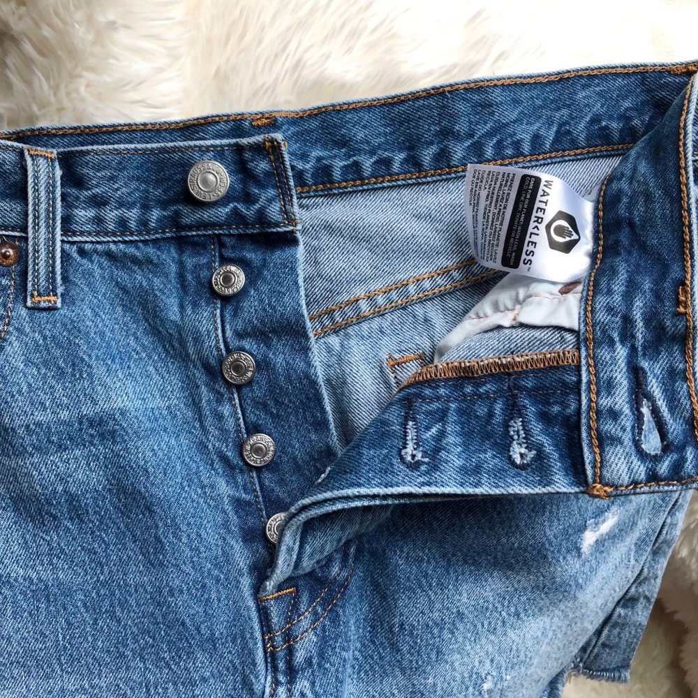 Levis Distressed High Rise Blue Jean Skirt with Raw Hem | 30 - Picture 5 of 11